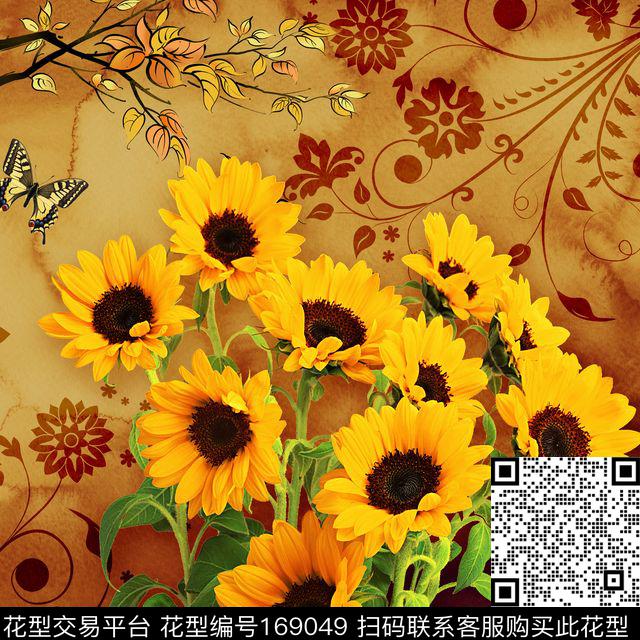 花卉向日葵植物数码印花华亿平台下载（图片编号: 169049） - 瓦栏（Walan）