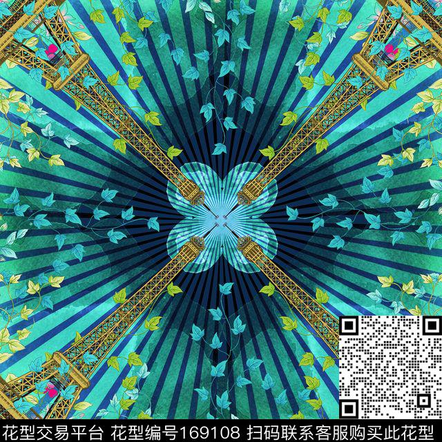 埃菲尔铁塔放射状线条缠枝花数码印花华亿平台下载（图片编号: 169108） - 瓦栏（Walan）