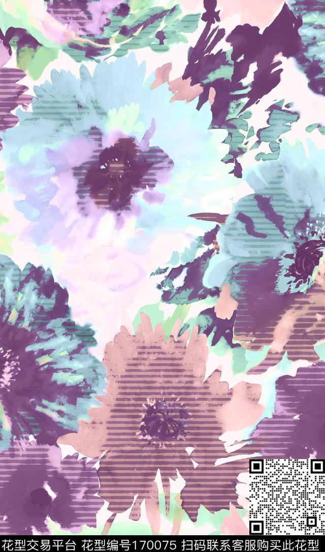 水墨写意花卉数码印花华亿平台下载（图片编号: 170075） - 瓦栏（Walan）