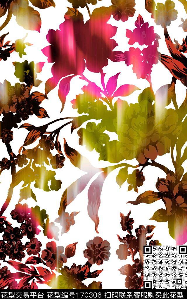 花卉渐变剪影数码印花华亿平台下载（图片编号: 170306） - 瓦栏（Walan）
