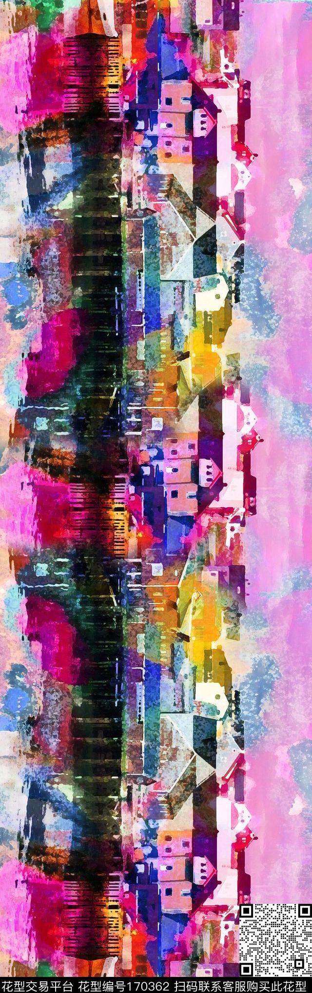 水彩江南风景数码印花华亿平台下载（图片编号: 170362） - 瓦栏（Walan）