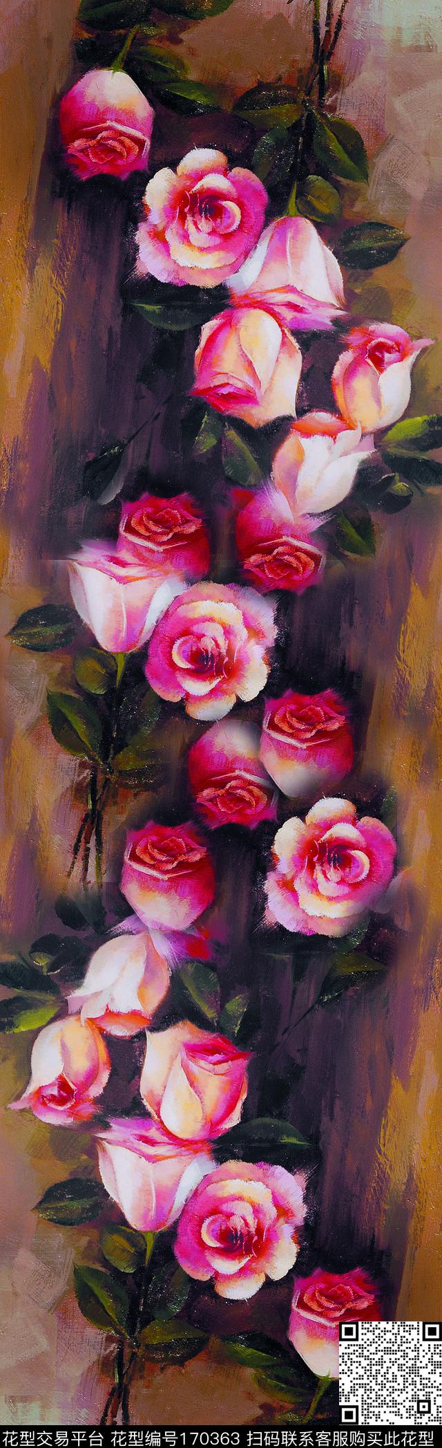 油画花卉手绘粉色玫瑰数码印花华亿平台下载（图片编号: 170363） - 瓦栏（Walan）