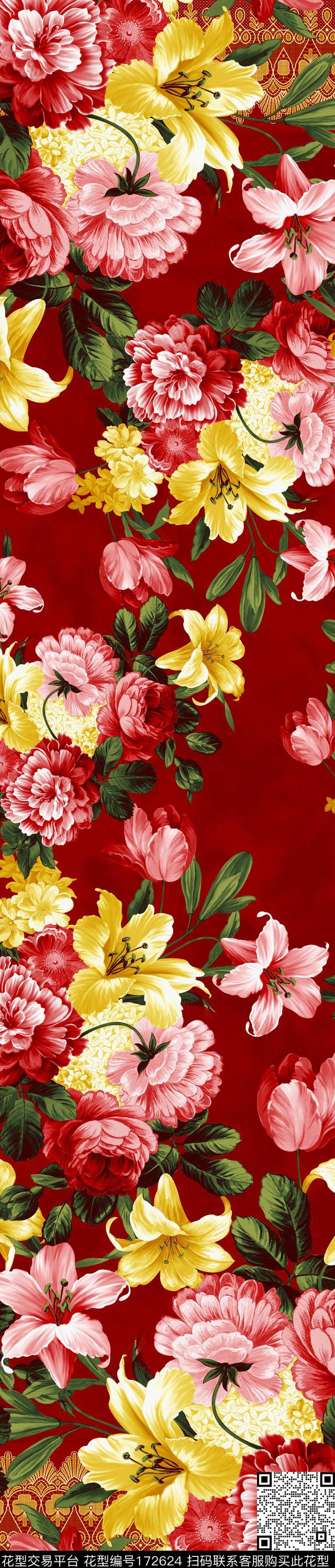 花民族风大红传统印花华亿平台下载（图片编号: 172624） - 瓦栏（Walan）