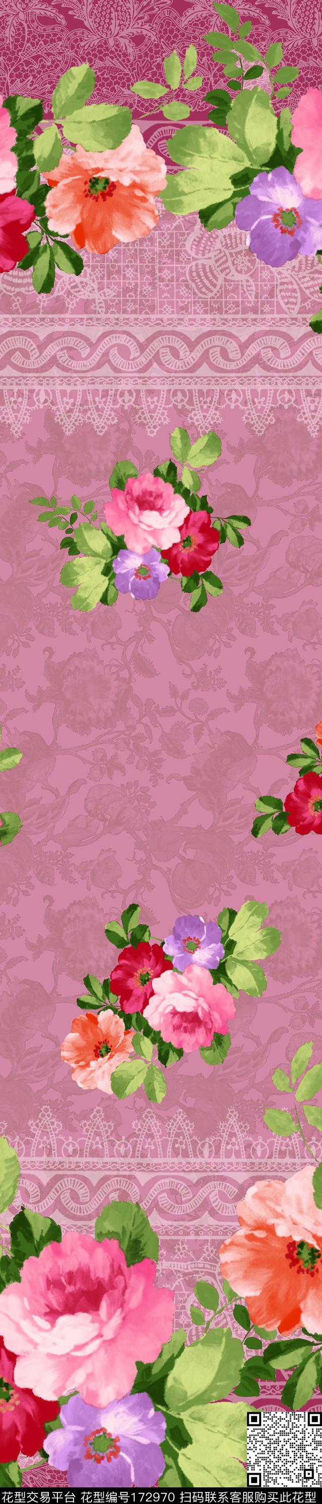 水彩手绘花卉蕾丝花纹渐变色传统印花华亿平台下载（图片编号: 172970） - 瓦栏（Walan）