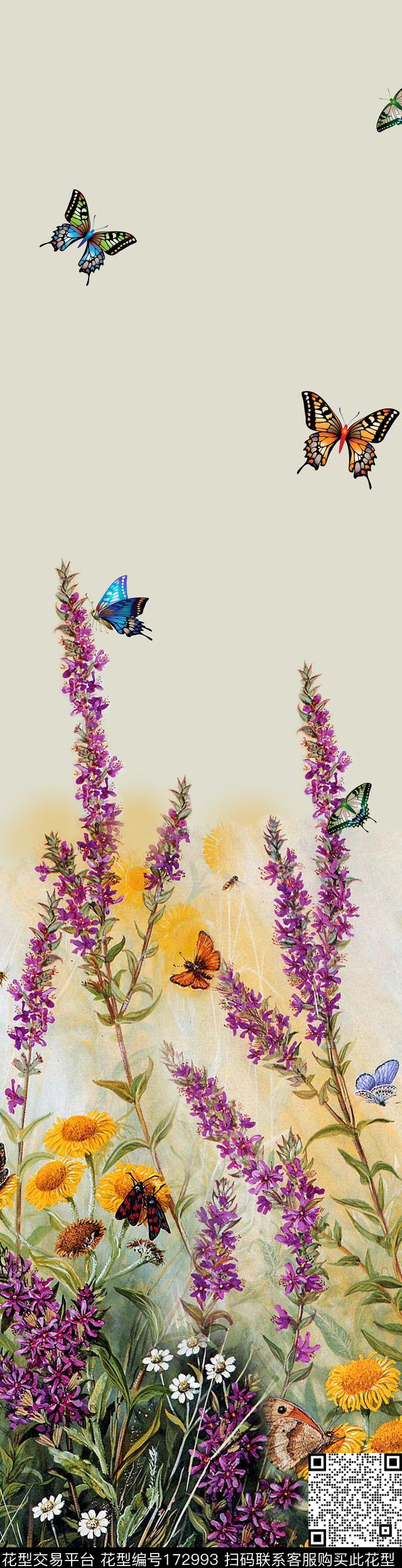 蝴蝶薰衣草定位花数码印花华亿平台下载（图片编号: 172993） - 瓦栏（Walan）