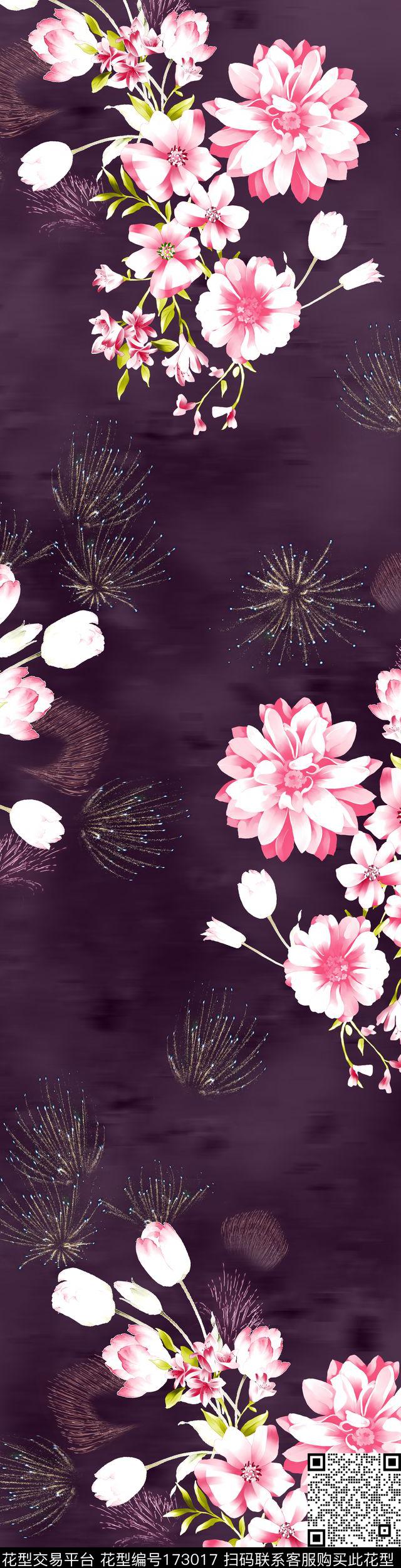 手绘花卉日本风情深色背景传统印花华亿平台下载（图片编号: 173017） - 瓦栏（Walan）
