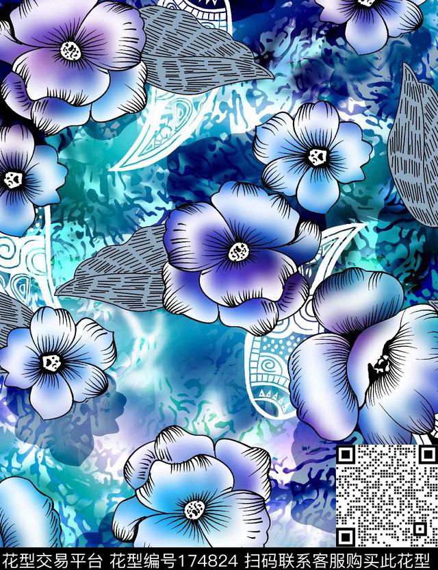 花花朵叶子数码印花华亿平台下载（图片编号: 174824） - 瓦栏（Walan）