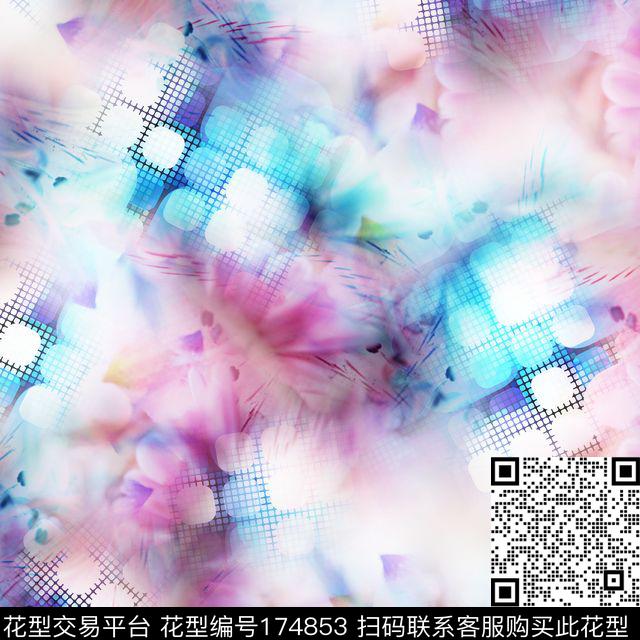 网格圆点柔和色彩数码印花华亿平台下载（图片编号: 174853） - 瓦栏（Walan）