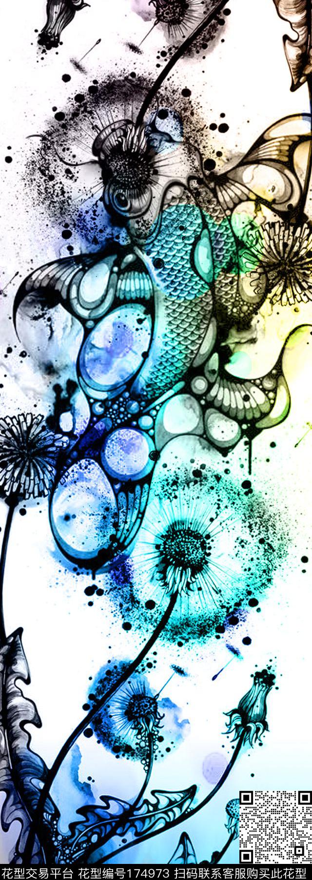 水墨长巾墨点数码印花华亿平台下载（图片编号: 174973） - 瓦栏（Walan）