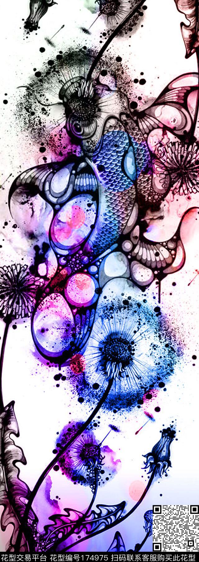 丝巾水墨叶子数码印花华亿平台下载（图片编号: 174975） - 瓦栏（Walan）