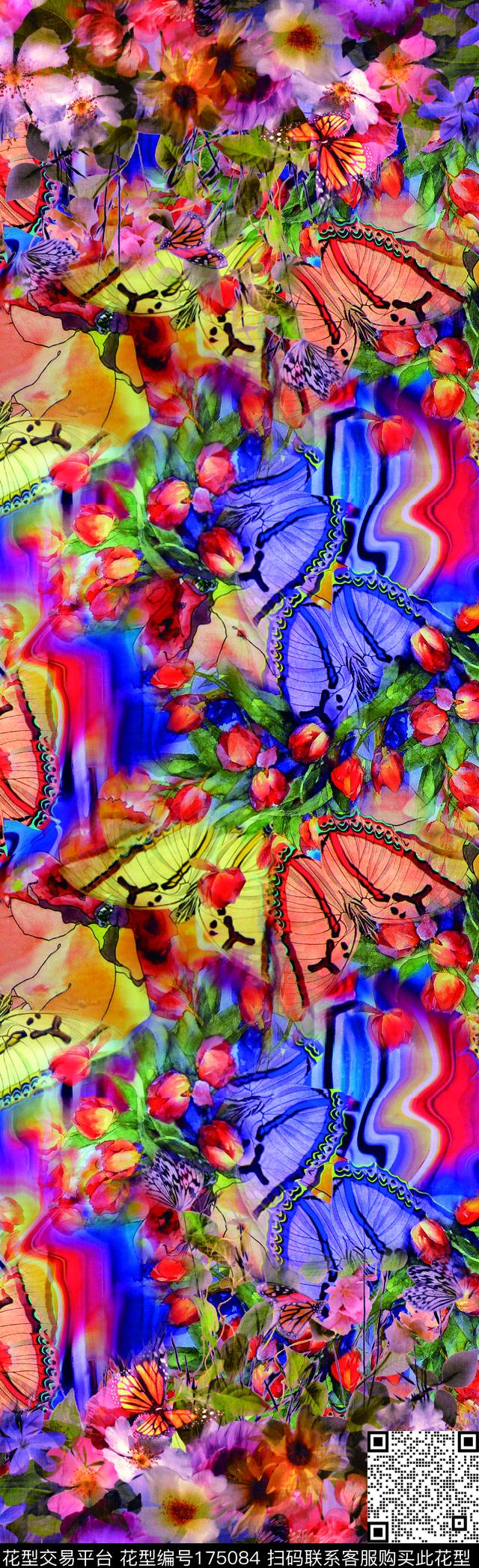 水彩花卉蝴蝶围巾长巾图案数码印花华亿平台下载（图片编号: 175084） - 瓦栏（Walan）