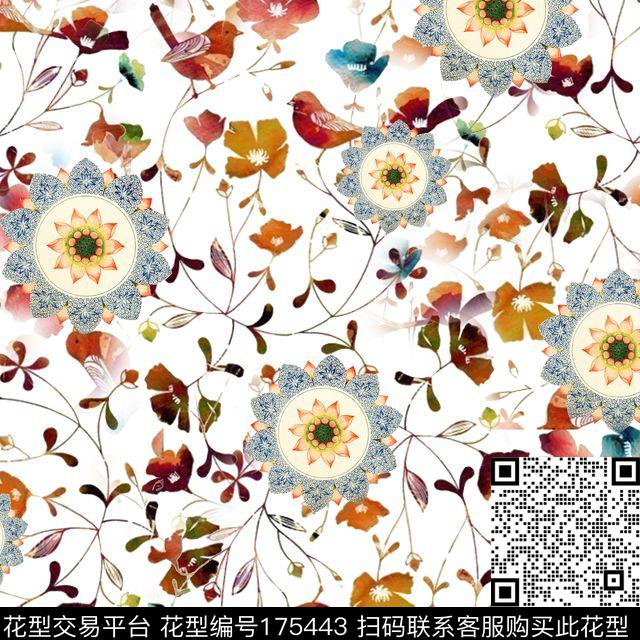 水彩手绘插画风花鸟数码印花华亿平台下载（图片编号: 175443） - 瓦栏（Walan）
