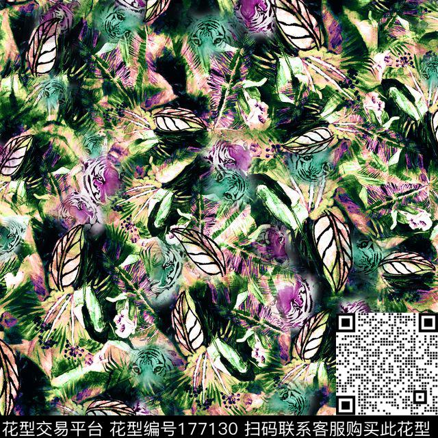 水彩手绘树叶虎头数码印花华亿平台下载（图片编号: 177130） - 瓦栏（Walan）