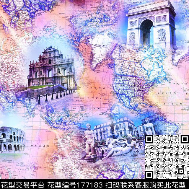 建筑时尚地图数码印花华亿平台下载（图片编号: 177183） - 瓦栏（Walan）