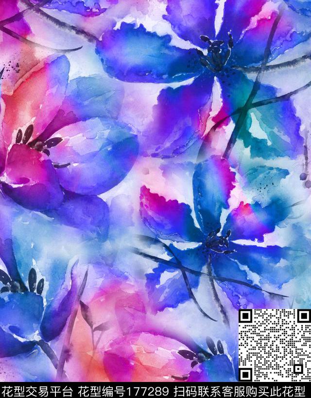 水彩花卉晕开数码印花华亿平台下载（图片编号: 177289） - 瓦栏（Walan）