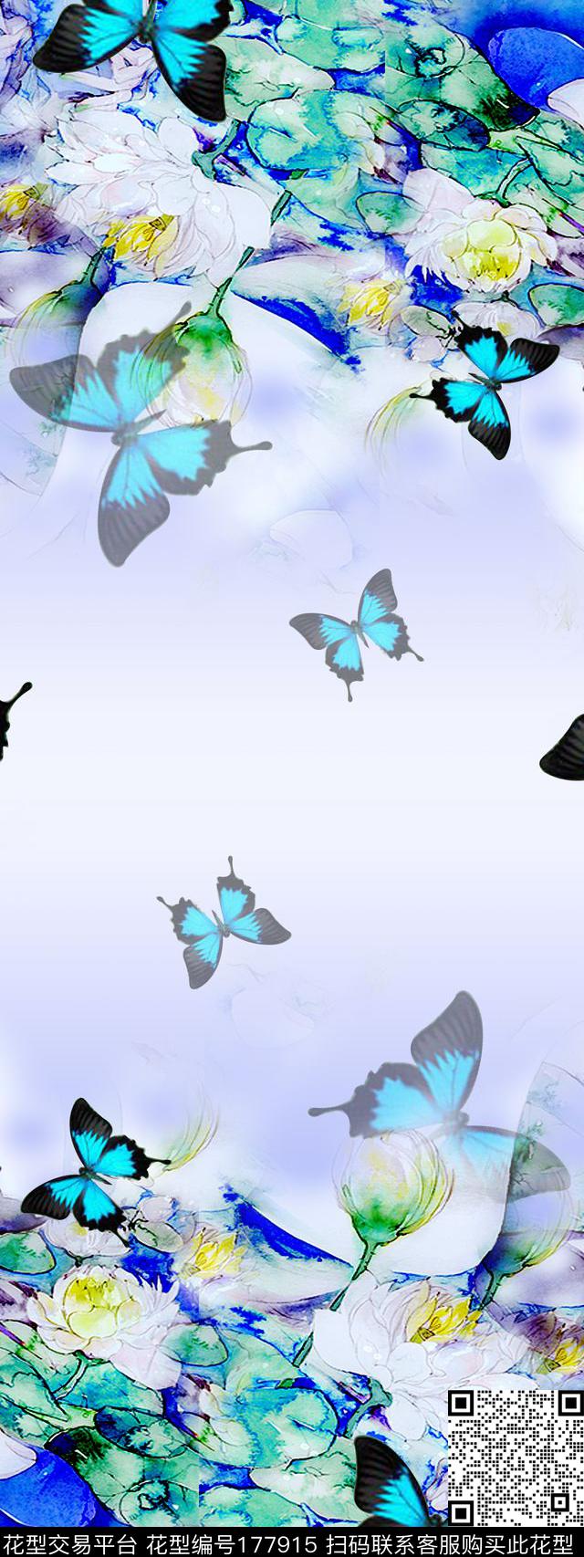 水彩蝴蝶荷花数码印花华亿平台下载（图片编号: 177915） - 瓦栏（Walan）