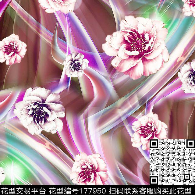 绚丽光线手绘花卉缠绕数码印花华亿平台下载（图片编号: 177950） - 瓦栏（Walan）