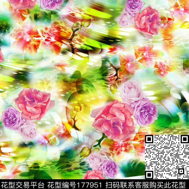 水彩手绘花卉满底数码印花华亿平台下载（图片编号: 177951） - 瓦栏（Walan）
