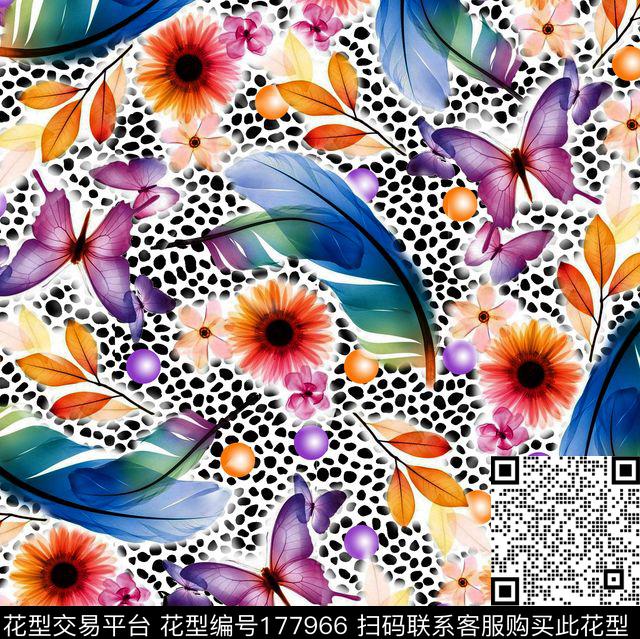 羽毛蝴蝶组合数码印花华亿平台下载（图片编号: 177966） - 瓦栏（Walan）