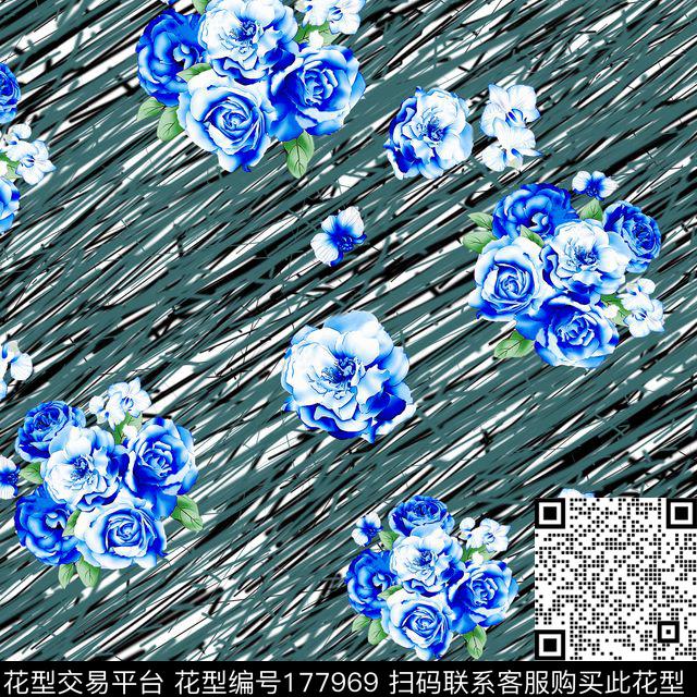 蓝色牡丹错乱古典数码印花华亿平台下载（图片编号: 177969） - 瓦栏（Walan）