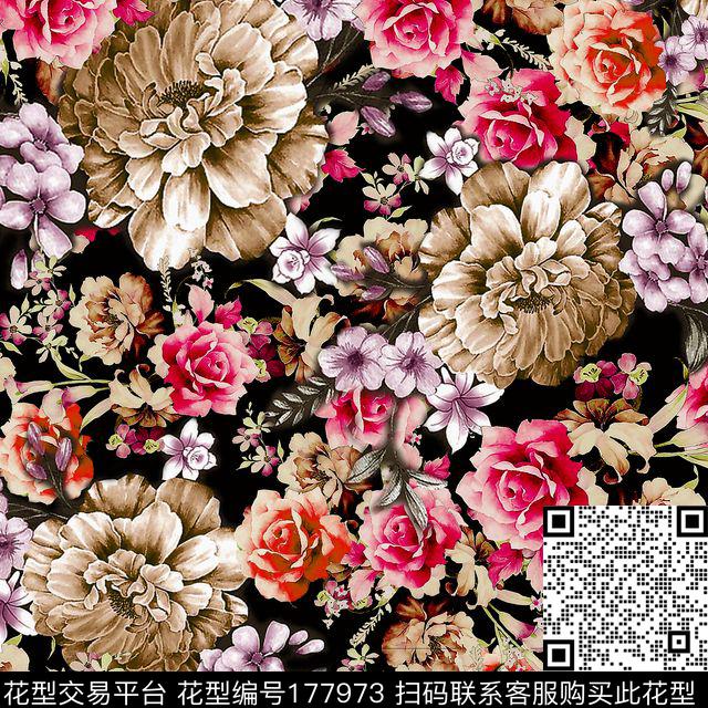 水彩花卉手绘满底数码印花华亿平台下载（图片编号: 177973） - 瓦栏（Walan）