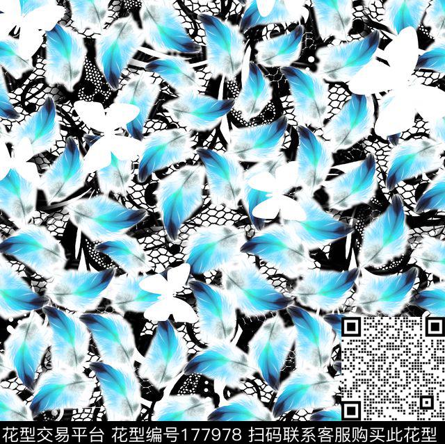 蓝色羽毛蕾丝数码印花华亿平台下载（图片编号: 177978） - 瓦栏（Walan）