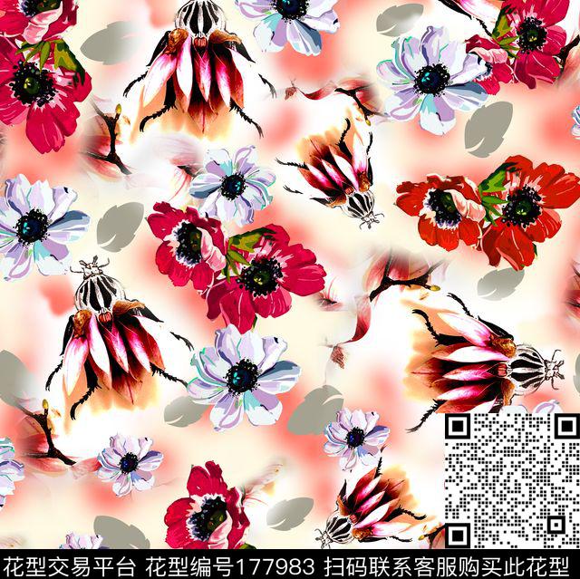手绘花卉水墨数码印花华亿平台下载（图片编号: 177983） - 瓦栏（Walan）