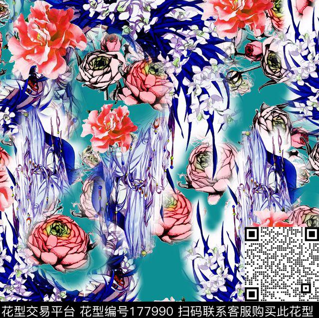 花卉山水画穿插数码印花华亿平台下载（图片编号: 177990） - 瓦栏（Walan）