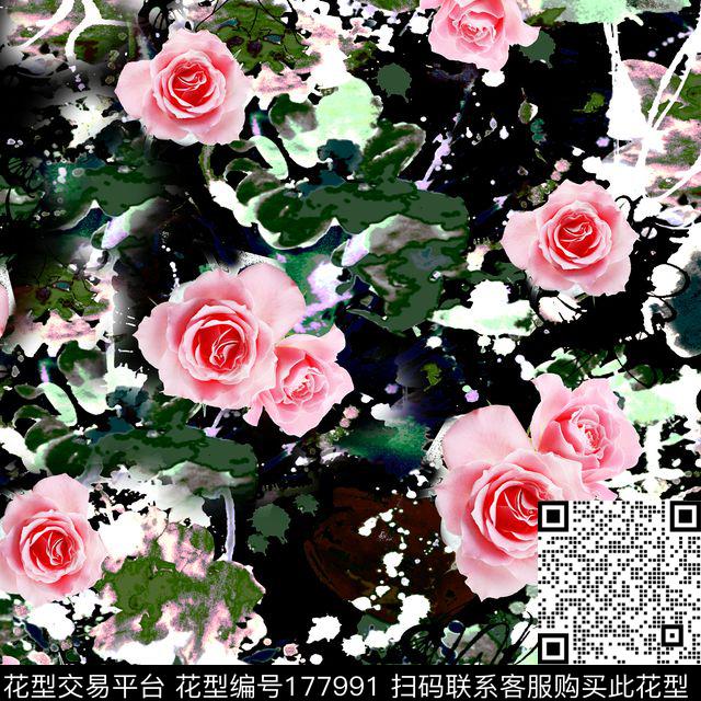 玫瑰花朵水彩斑驳数码印花华亿平台下载（图片编号: 177991） - 瓦栏（Walan）