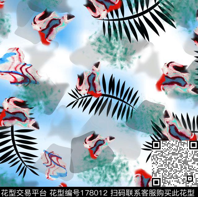 叶子组合蓝色数码印花华亿平台下载（图片编号: 178012） - 瓦栏（Walan）