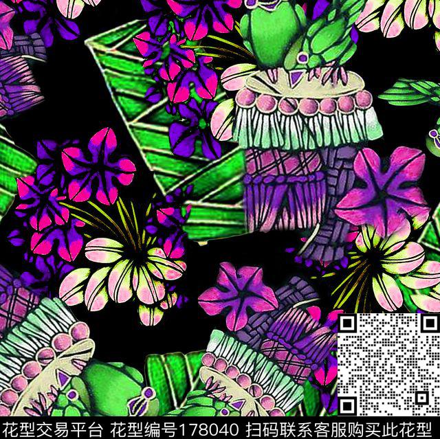 紫红色花卉绿叶数码印花华亿平台下载（图片编号: 178040） - 瓦栏（Walan）