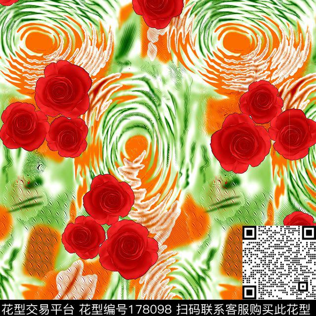 红花红玫瑰水纹数码印花华亿平台下载（图片编号: 178098） - 瓦栏（Walan）