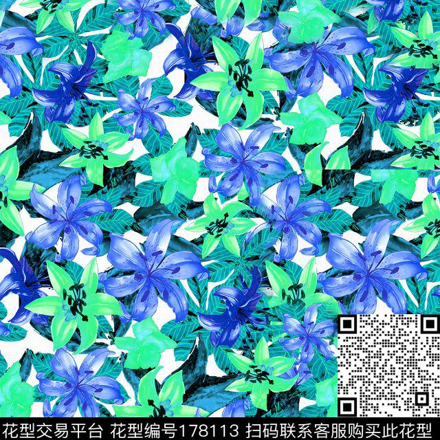 树叶花卉绿色数码印花华亿平台下载（图片编号: 178113） - 瓦栏（Walan）