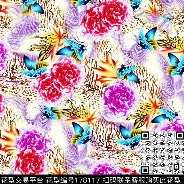 花卉动物纹蝴蝶数码印花华亿平台下载（图片编号: 178117） - 瓦栏（Walan）