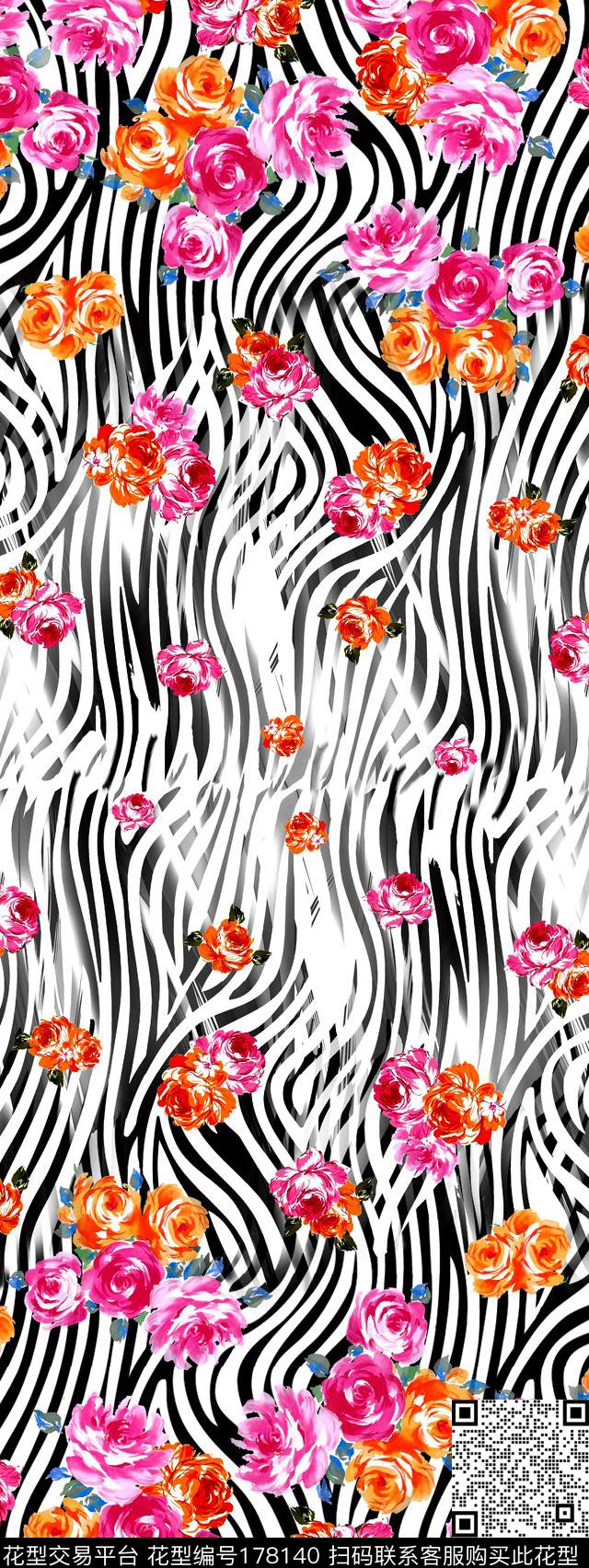 条纹花卉花朵数码印花华亿平台下载（图片编号: 178140） - 瓦栏（Walan）