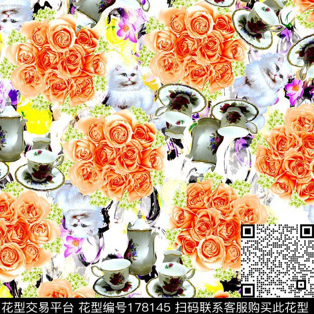玫瑰花茶杯组合数码印花华亿平台下载（图片编号: 178145） - 瓦栏（Walan）