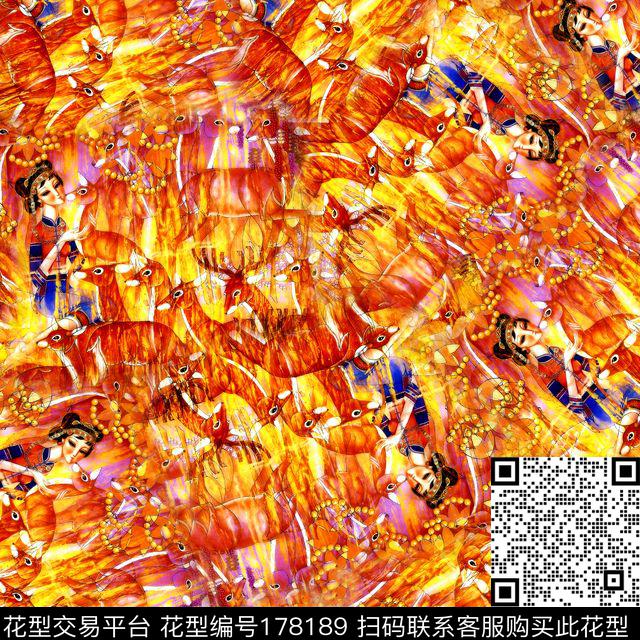 民族风少女梅花鹿数码印花华亿平台下载（图片编号: 178189） - 瓦栏（Walan）