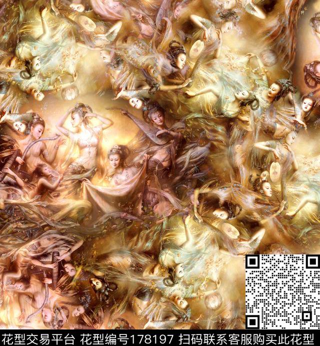 古典美女乐器数码印花华亿平台下载（图片编号: 178197） - 瓦栏（Walan）