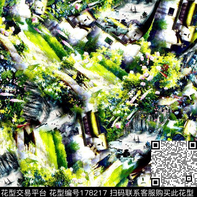 白墙园林数码印花华亿平台下载（图片编号: 178217） - 瓦栏（Walan）