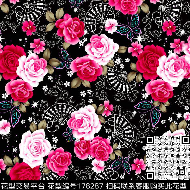 蝴蝶牡丹花数码印花华亿平台下载（图片编号: 178287） - 瓦栏（Walan）