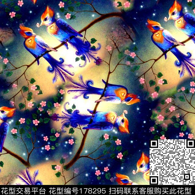 树枝鹦鹉绘画数码印花华亿平台下载（图片编号: 178295） - 瓦栏（Walan）