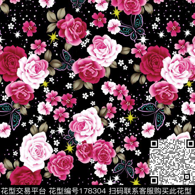 黑色红色花朵数码印花华亿平台下载（图片编号: 178304） - 瓦栏（Walan）