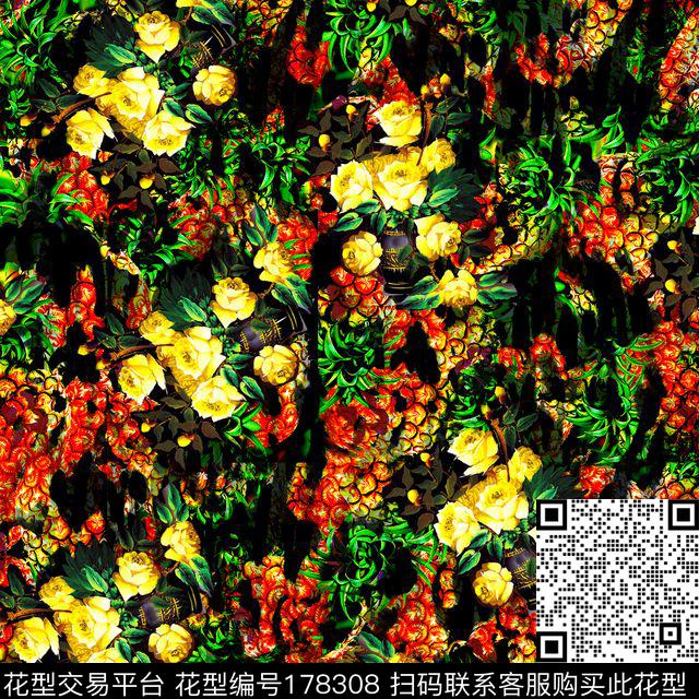 花卉黑底数码印花华亿平台下载（图片编号: 178308） - 瓦栏（Walan）