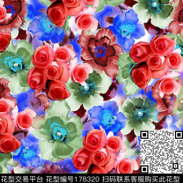 花卉玫瑰花满地花数码印花华亿平台下载（图片编号: 178320） - 瓦栏（Walan）