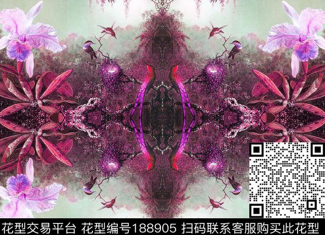 花卉肌理对称数码印花华亿平台下载（图片编号: 188905） - 瓦栏（Walan）