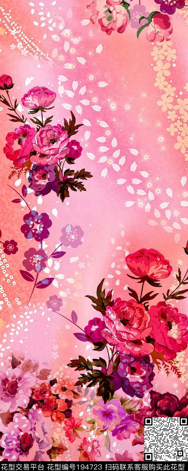 渐变延伸花卉数码印花华亿平台下载（图片编号: 194723） - 瓦栏（Walan）