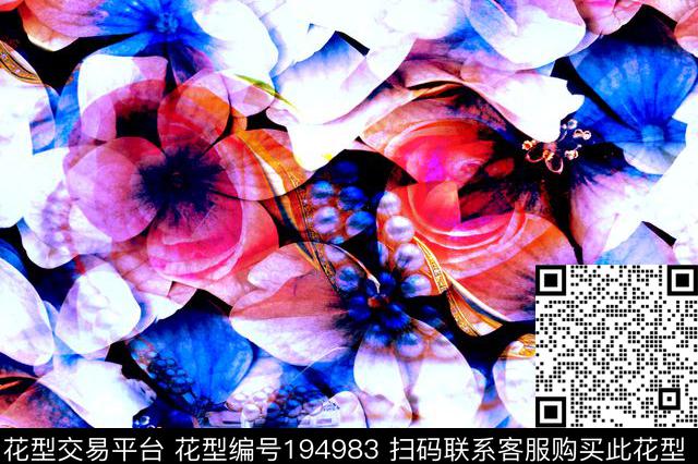 花卉叠加绚丽数码印花华亿平台下载（图片编号: 194983） - 瓦栏（Walan）