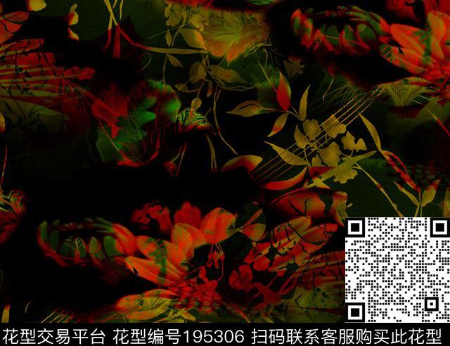 抽象花卉黑底数码印花华亿平台下载（图片编号: 195306） - 瓦栏（Walan）