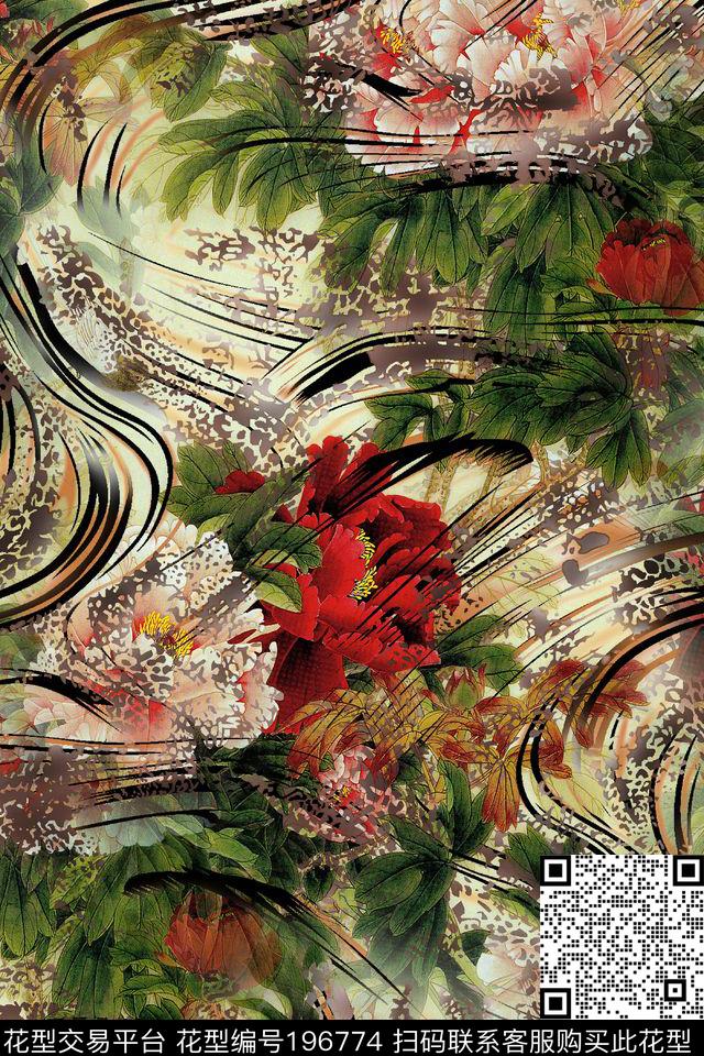 牡丹国画工笔数码印花华亿平台下载（图片编号: 196774） - 瓦栏（Walan）