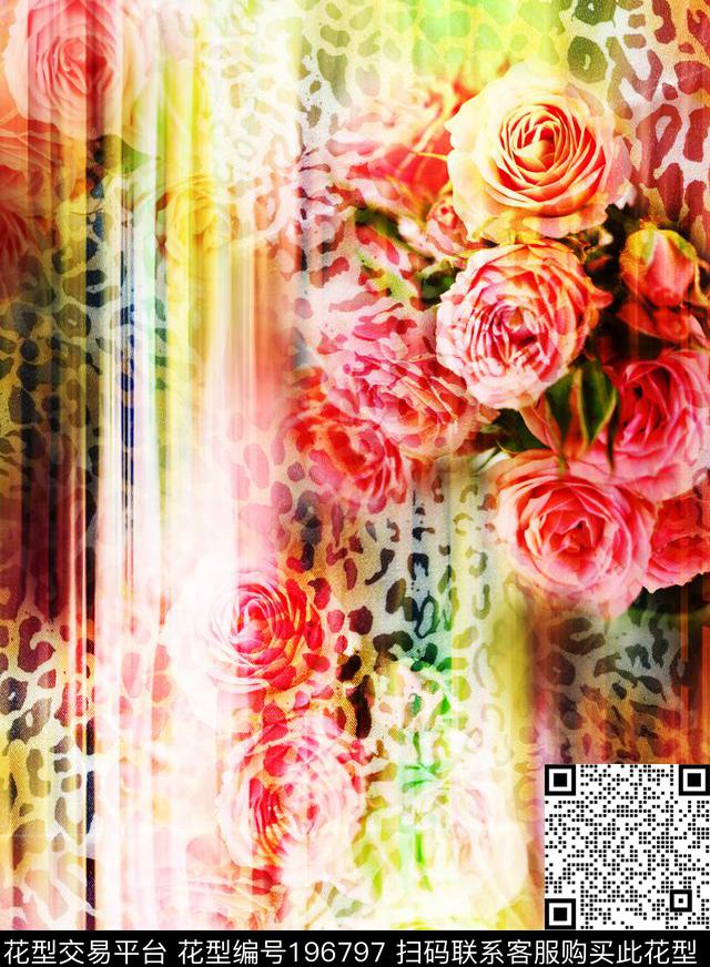 动物纹豹纹朦胧花卉数码印花华亿平台下载（图片编号: 196797） - 瓦栏（Walan）
